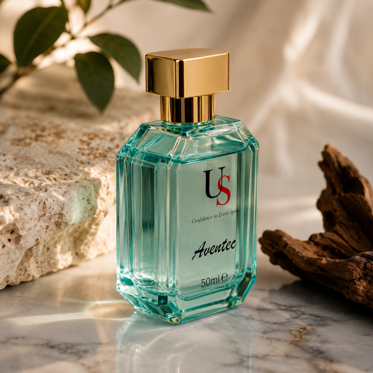 Sylor Perfumes Aventec 50ml turquoise fragrance with gold cap on sandy marble with natural wood elements and green foliage
