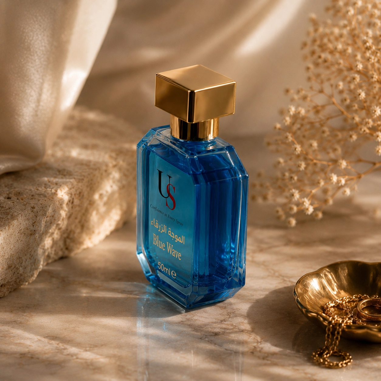 Sylor Perfumes Blue Wave 50ml fragrance bottle with gold cap on neutral marble surface with gold jewelry and decorative elements