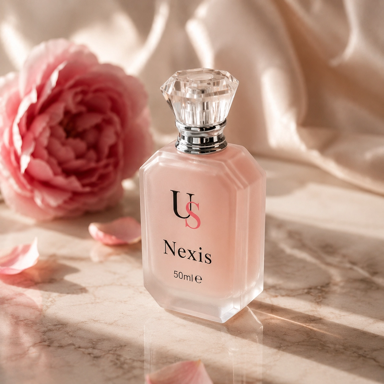 Sylor Perfumes Nexis 50ml white fragrance bottle with crystal cap surrounded by pink peonies and rose petals on marble surface