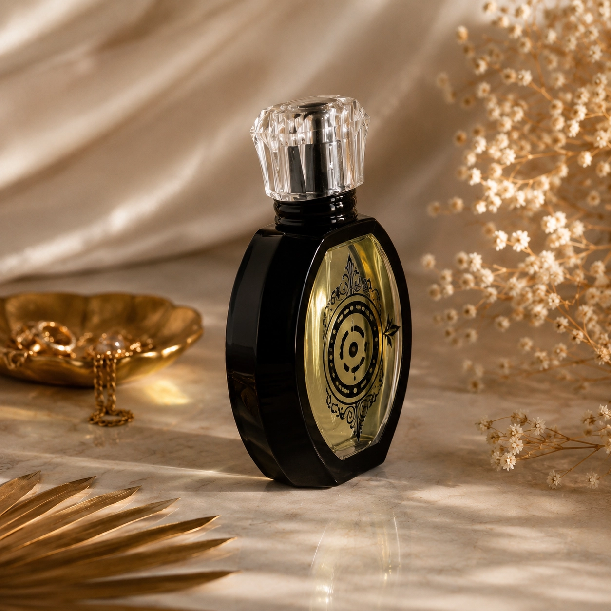 Sylor Perfumes Velora fragrance with black and gold ornate label and crystal cap displayed on warm marble with gold accessories