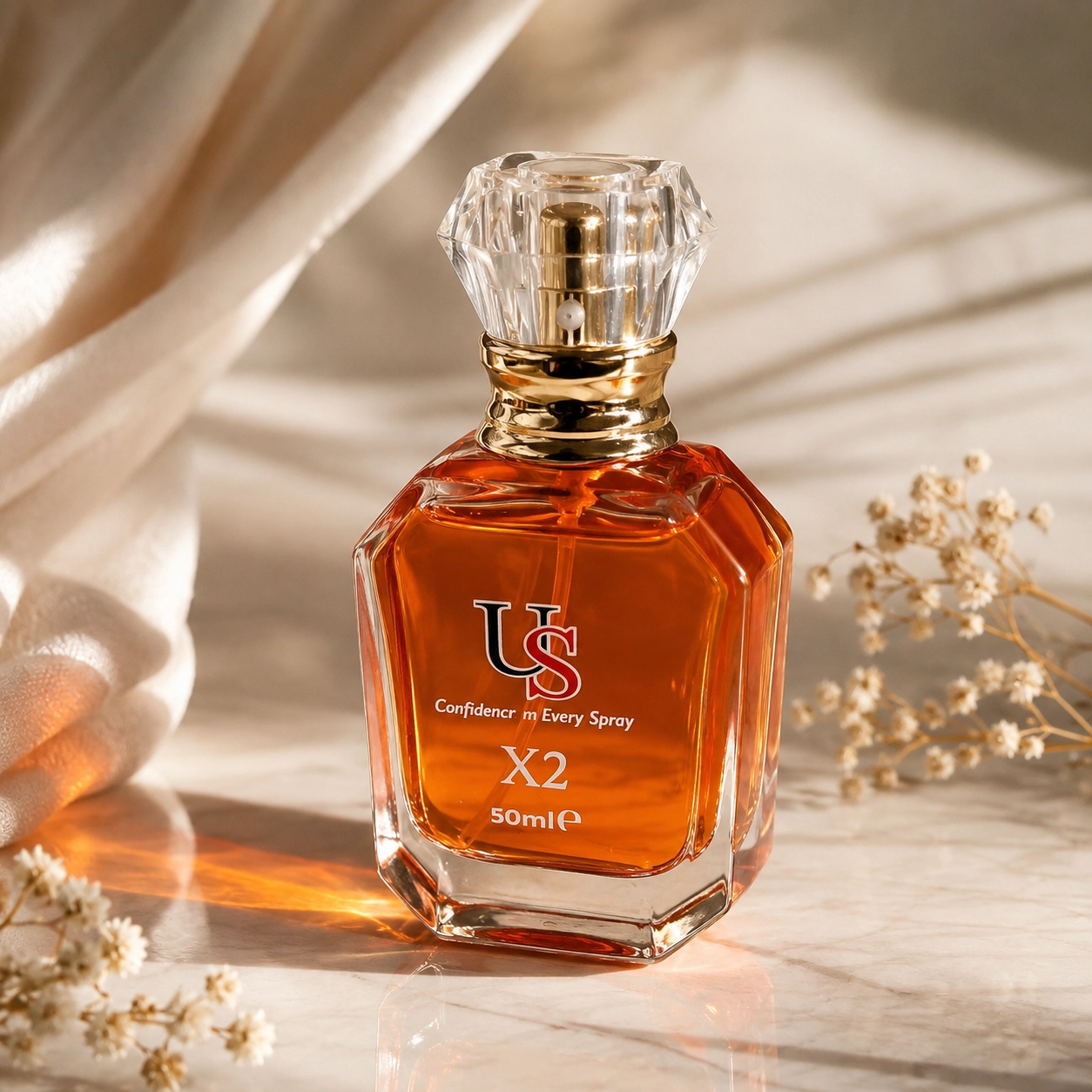 Sylor Perfumes X2 50ml warm orange fragrance with crystal cap and gold band on white marble with dried flowers